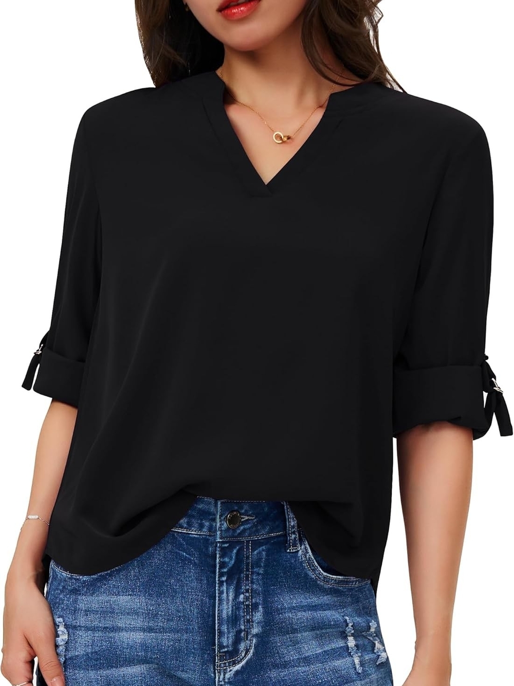 Classic Black V‑Neck Tie‑Sleeve Blouse